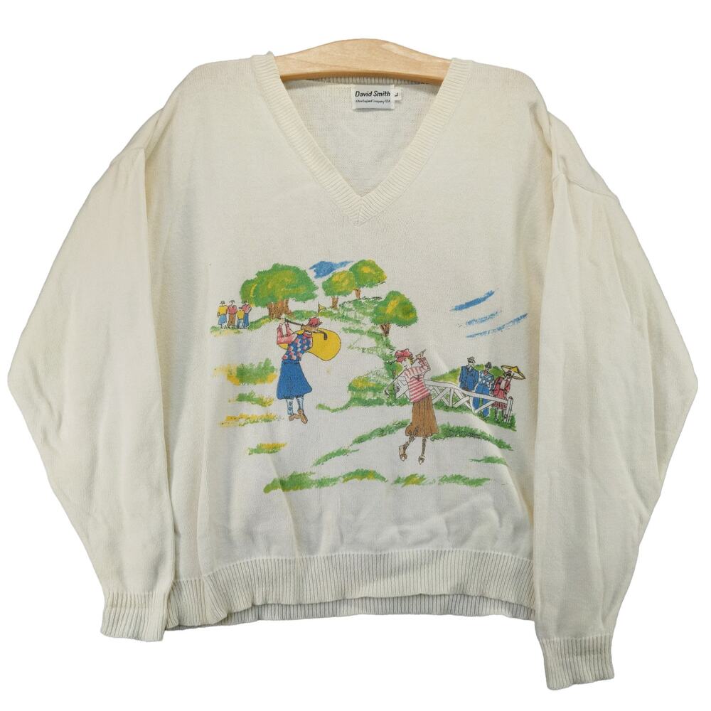 Vintage David Smith New England Company V Neck Knit Sweater Size L White Golf